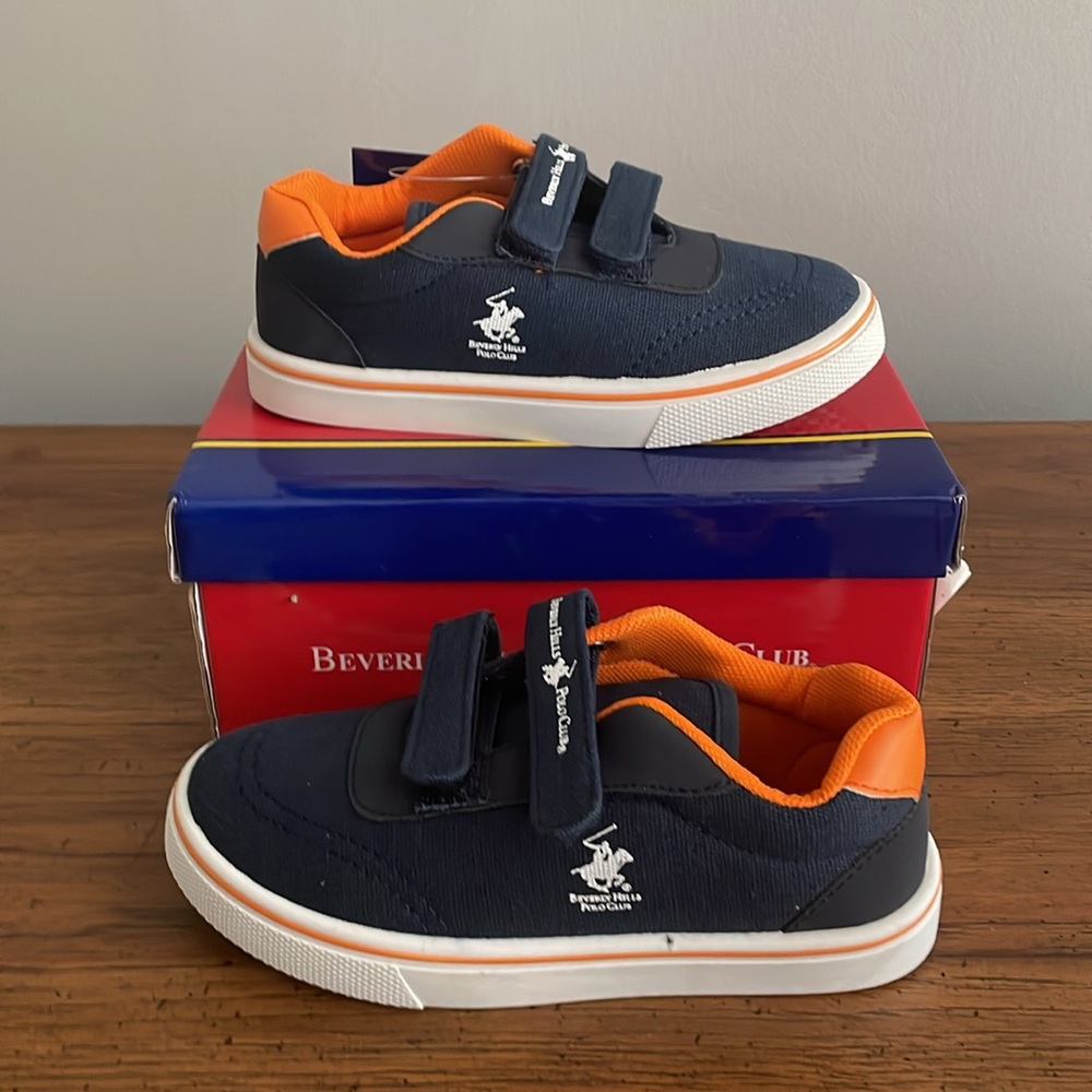 Beverly Hills Toddler Canvas Slip On Adjustable Strap Sneakers Navy Orange Sz 10